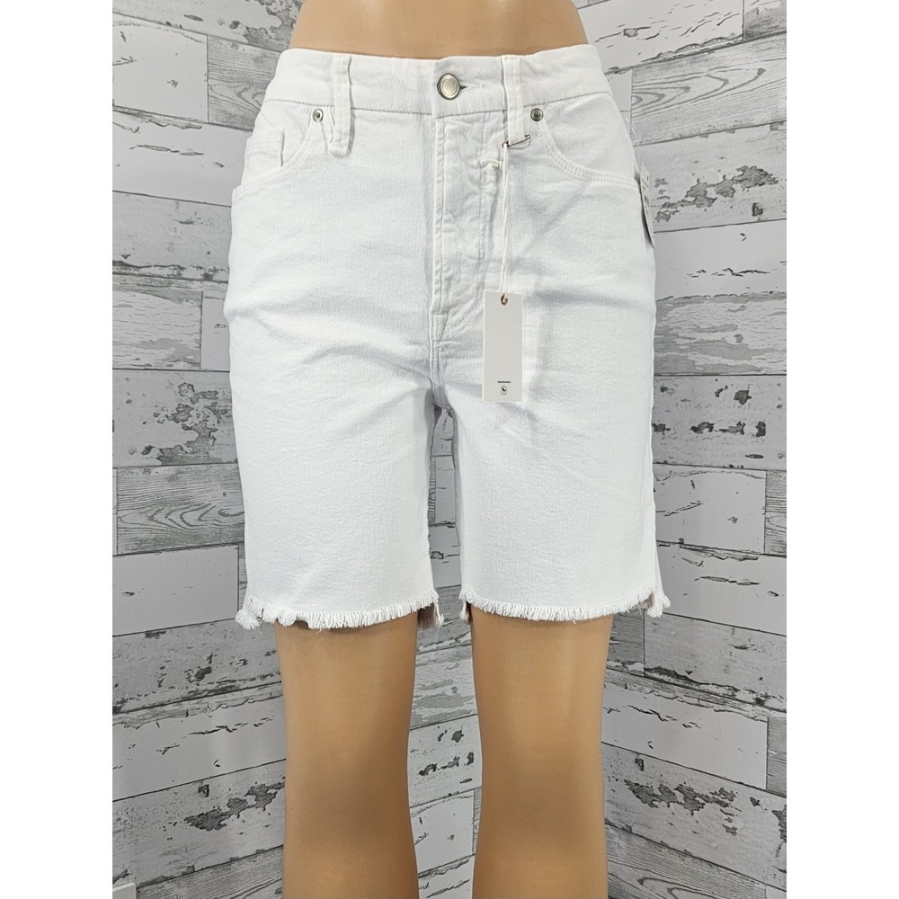 Good American White Denim Frayed Hem‎ Shorts High Rise Size 6 28